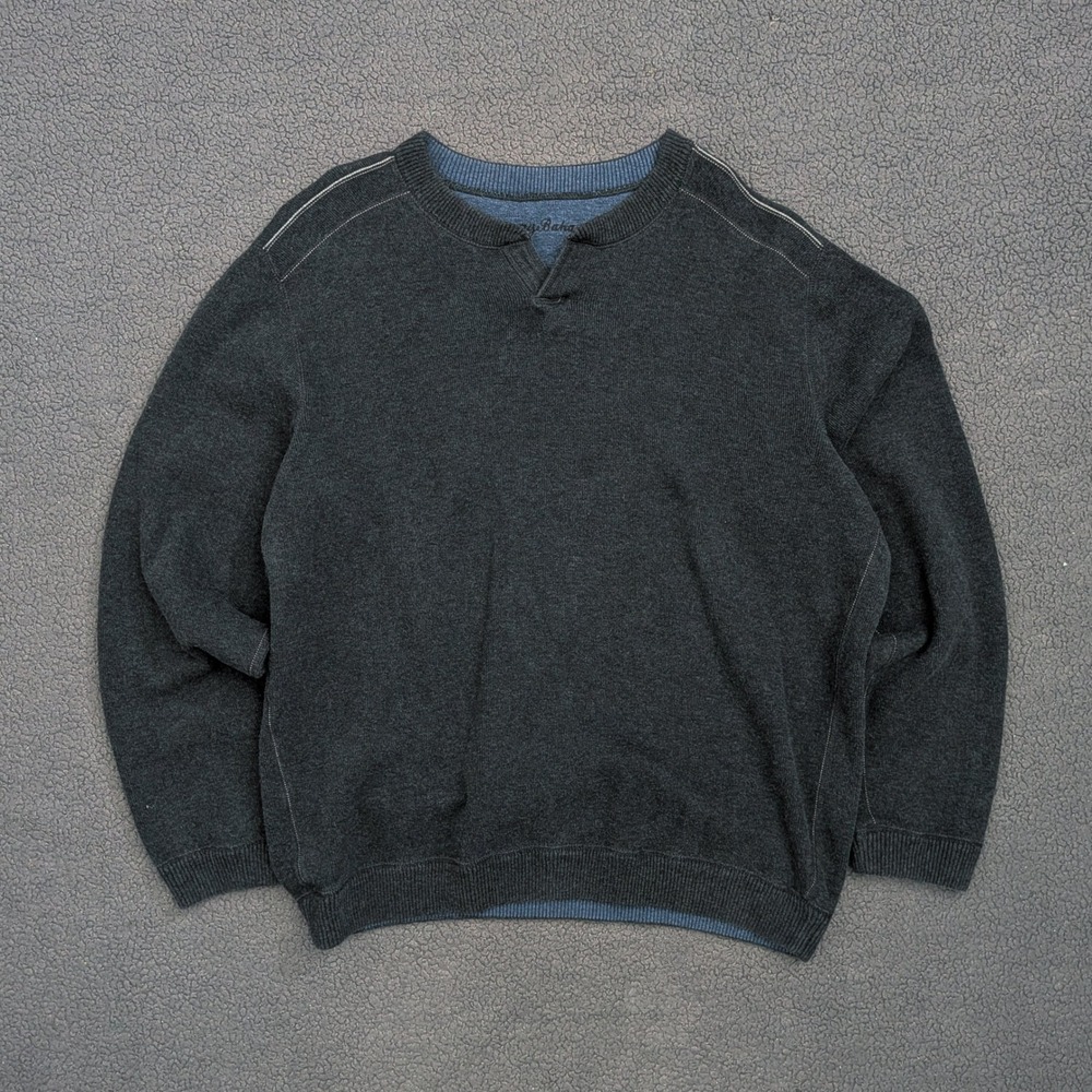 Tommy Bahama Mens Charcoal Gray Split Neck Knit Sweater Marlin Logo XL
